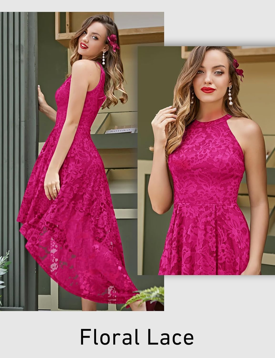 Women'S Halter Floral Lace Cocktail Party Dress Hi-Lo Bridesmaid Dress